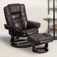 Flash Furniture Contemporary Brown Leather Recliner and Ottoman with Swiveling Mahogany Wood Base BT-7818-BN-GG